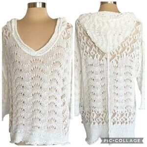 POL White Open Weave Crochet Hooded Sweater Sz LG Beachy Breezy Vacation Cruise